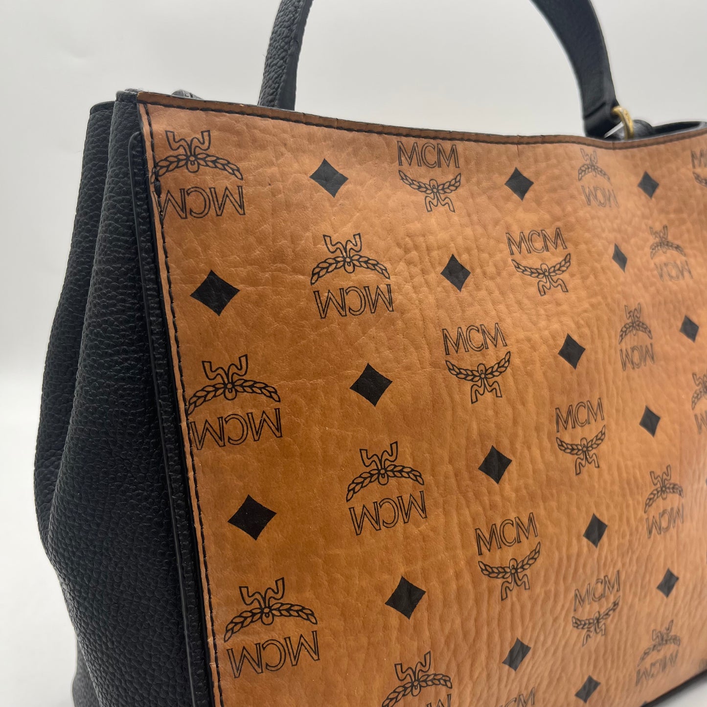 MCM Black Visetos Cognac Corina Handbag