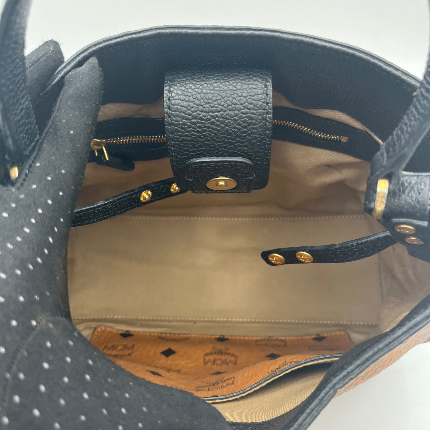 MCM Black Visetos Cognac Corina Handbag