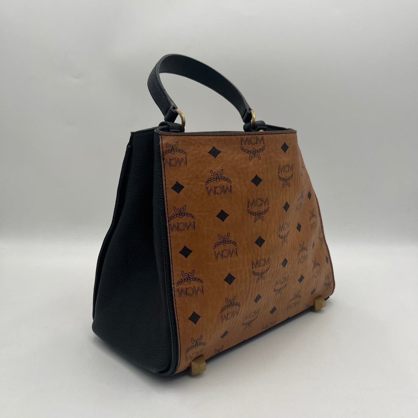 MCM Black Visetos Cognac Corina Handbag