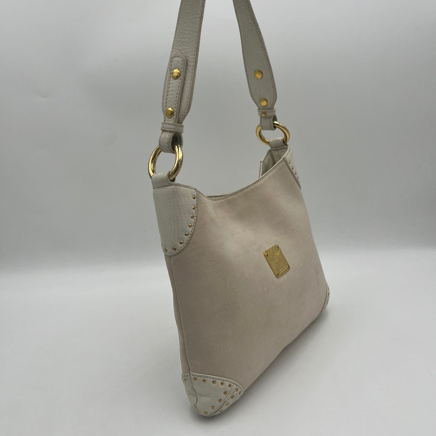 MCM White Visetos Canvas x Leather Hobo Shoulder Bag