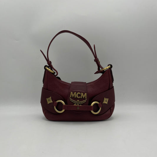 MCM Burgundy Leather Logo Hobo Baguette