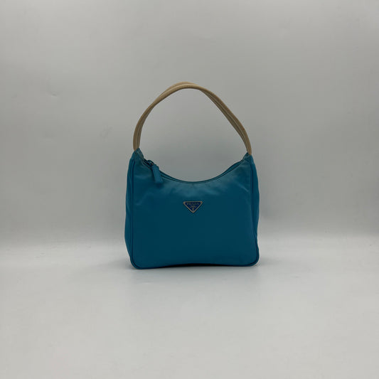 Prada Blue Nylon Beige Handle Mini Hobo Baguette