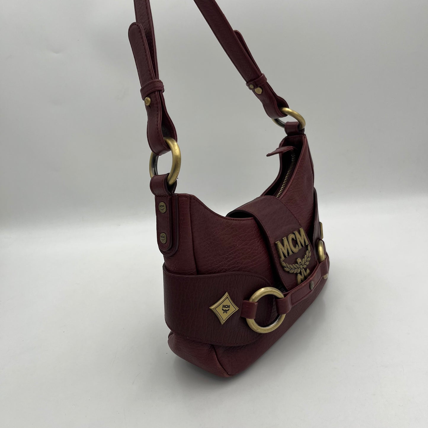 MCM Burgundy Leather Logo Hobo Baguette