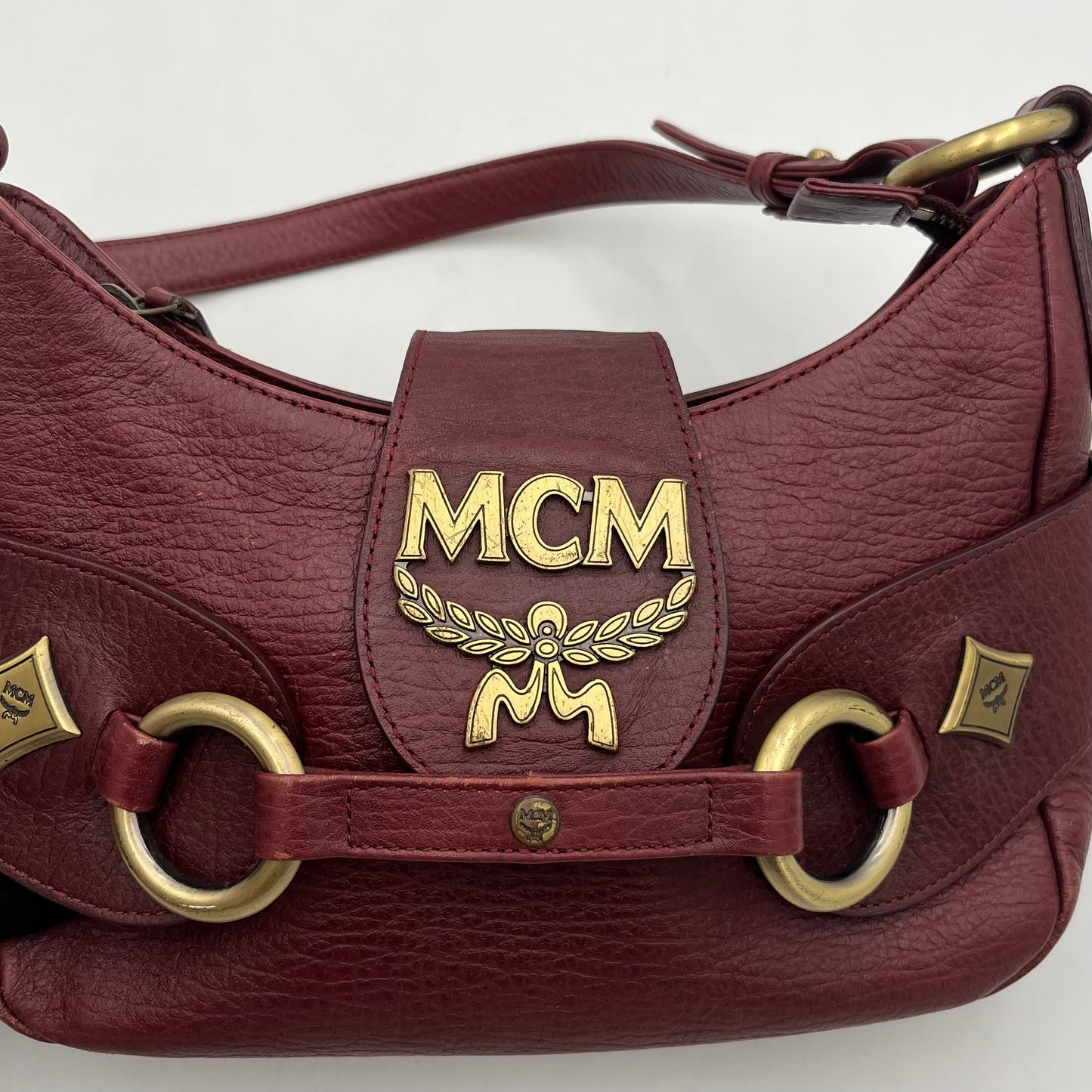 MCM Burgundy Leather Logo Hobo Baguette