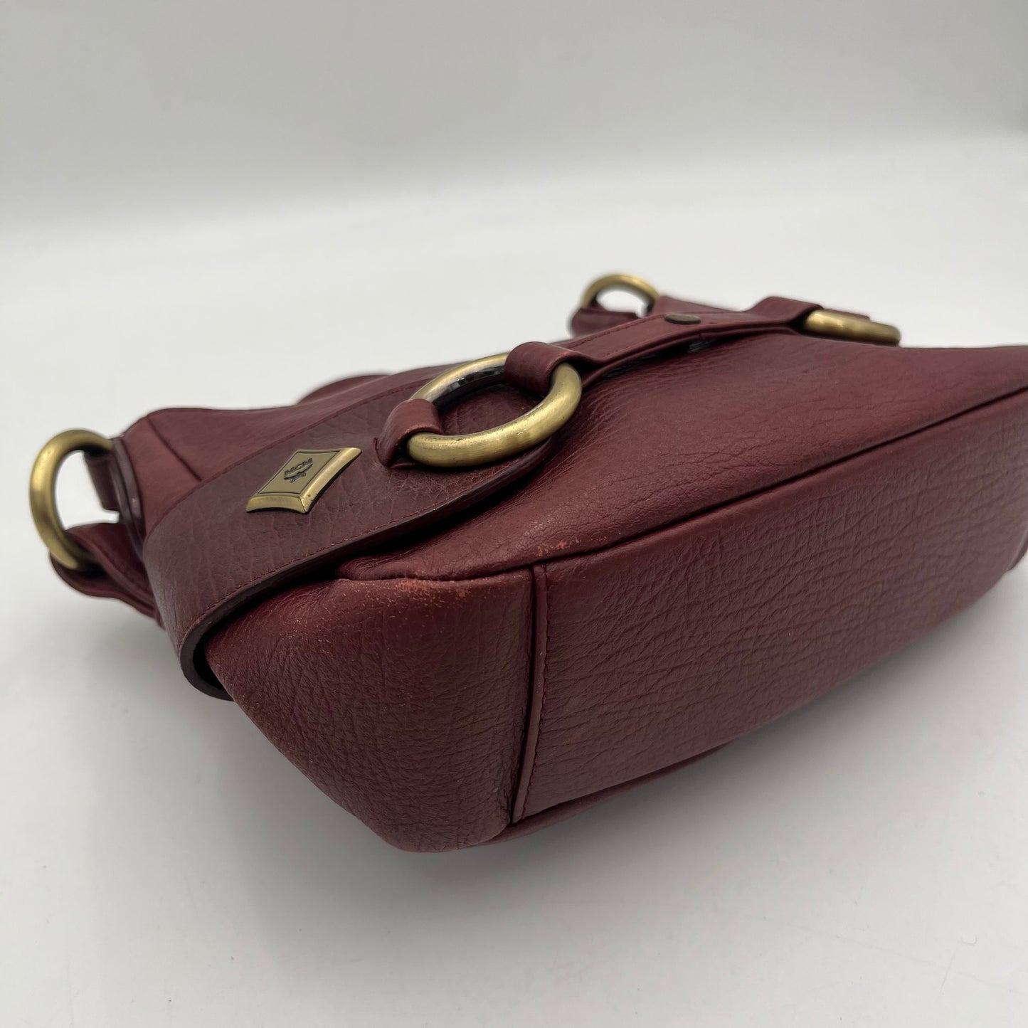 MCM Burgundy Leather Logo Hobo Baguette