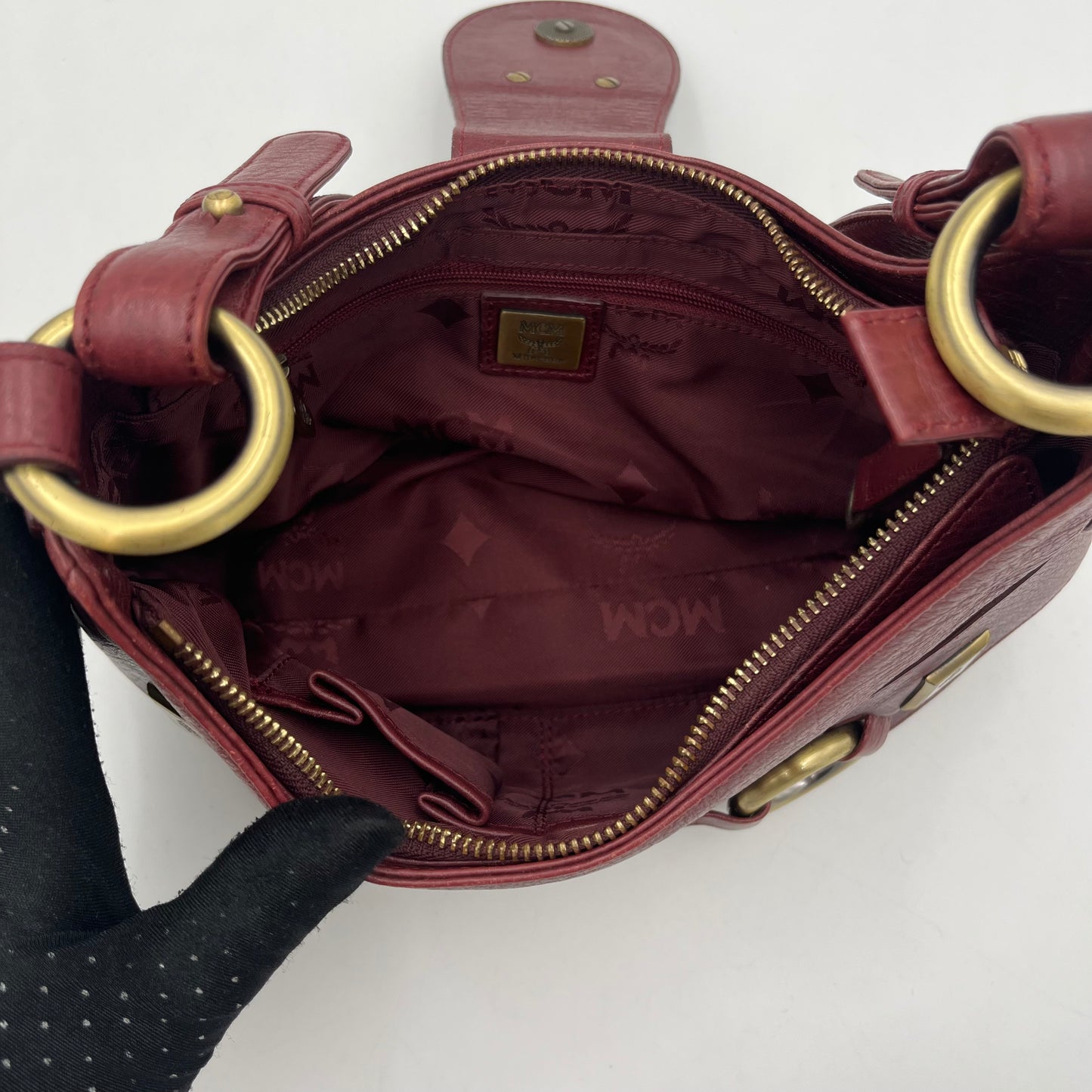 MCM Burgundy Leather Logo Hobo Baguette