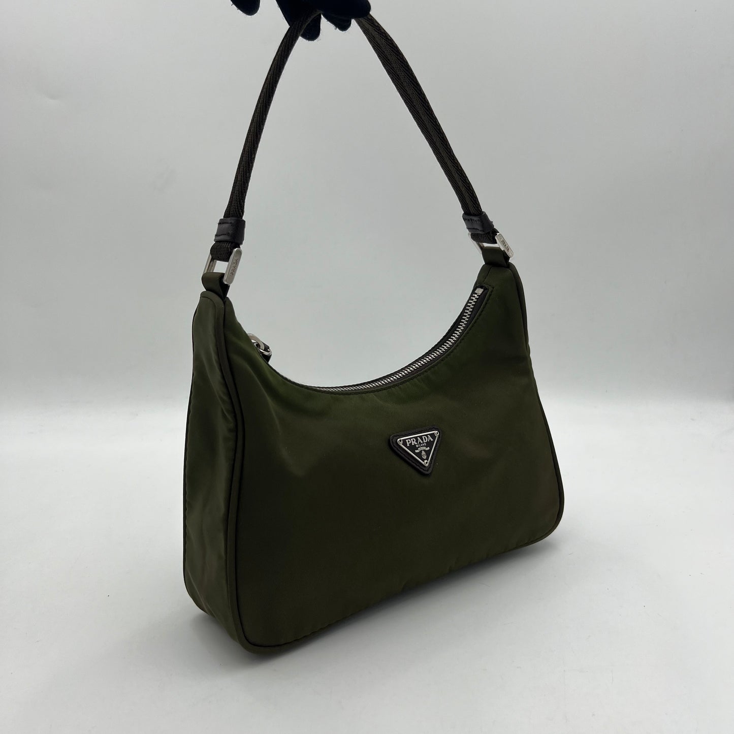 Prada Dark Green Nylon Mini Hobo Baguette