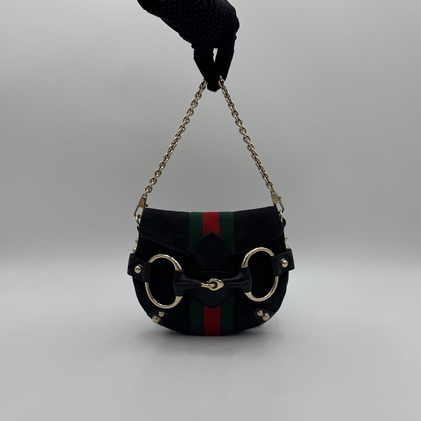 Gucci Tom Ford Black Monogram Canvas Sherryline Web Horsebit Chain Flap Mini Shoulder Bag