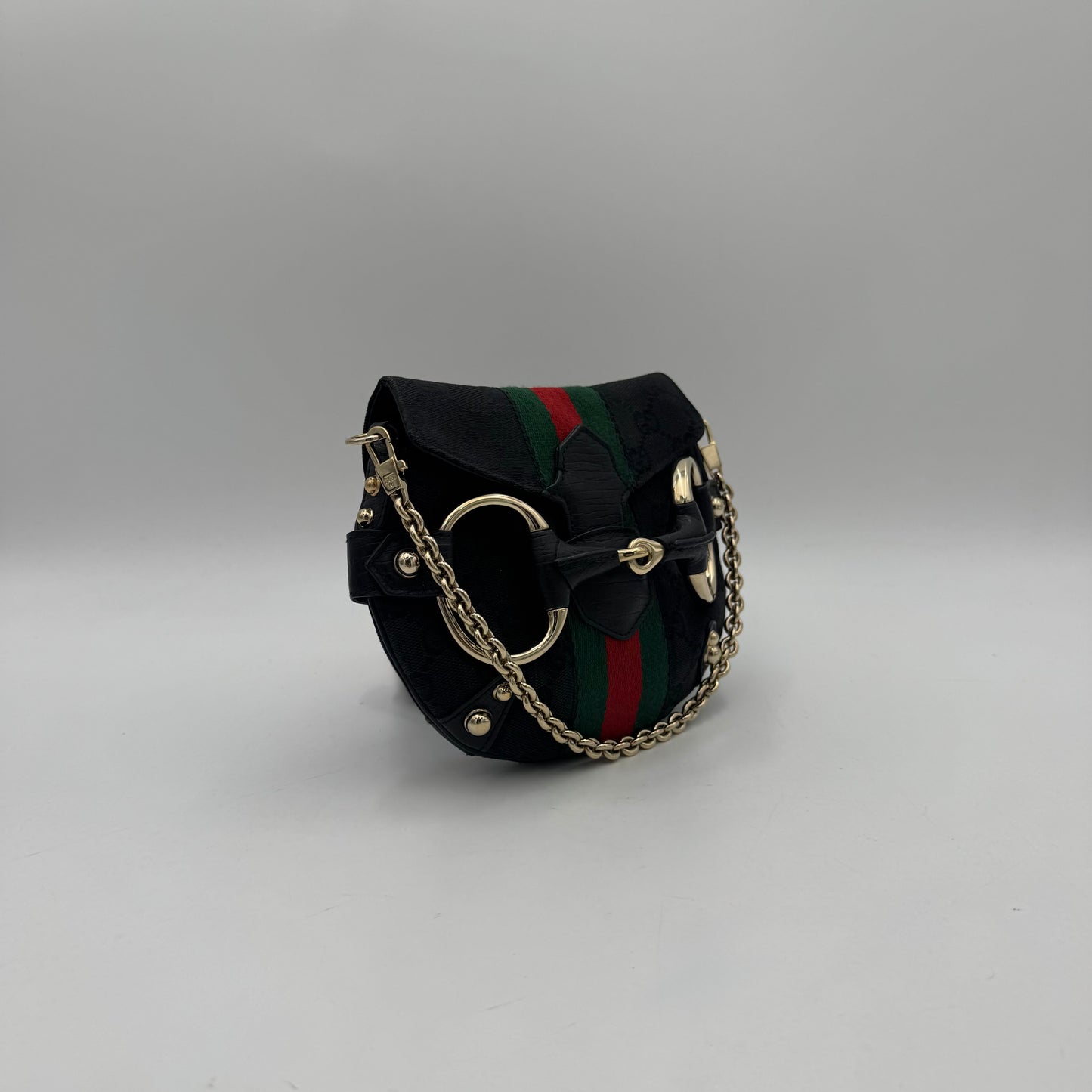 Gucci Tom Ford Black Monogram Canvas Sherryline Web Horsebit Chain Flap Mini Shoulder Bag