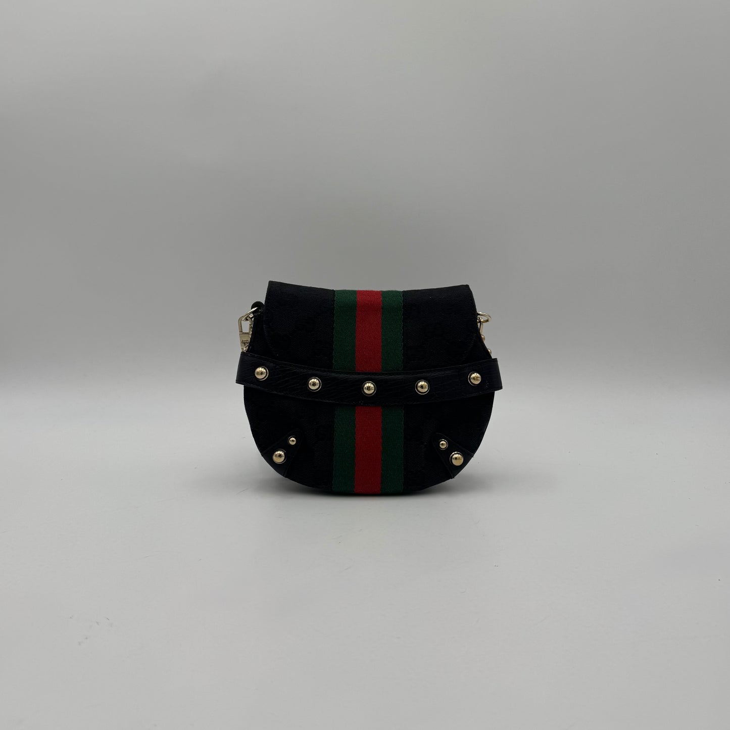 Gucci Tom Ford Black Monogram Canvas Sherryline Web Horsebit Chain Flap Mini Shoulder Bag