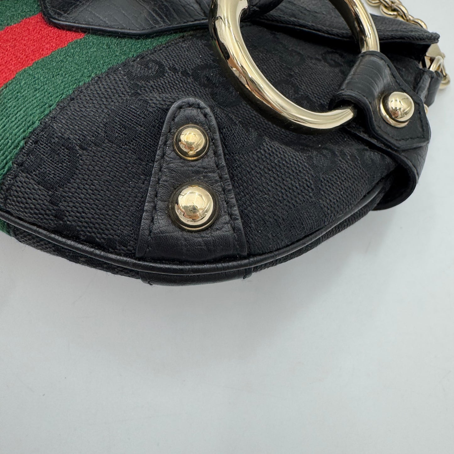 Gucci Tom Ford Black Monogram Canvas Sherryline Web Horsebit Chain Flap Mini Shoulder Bag