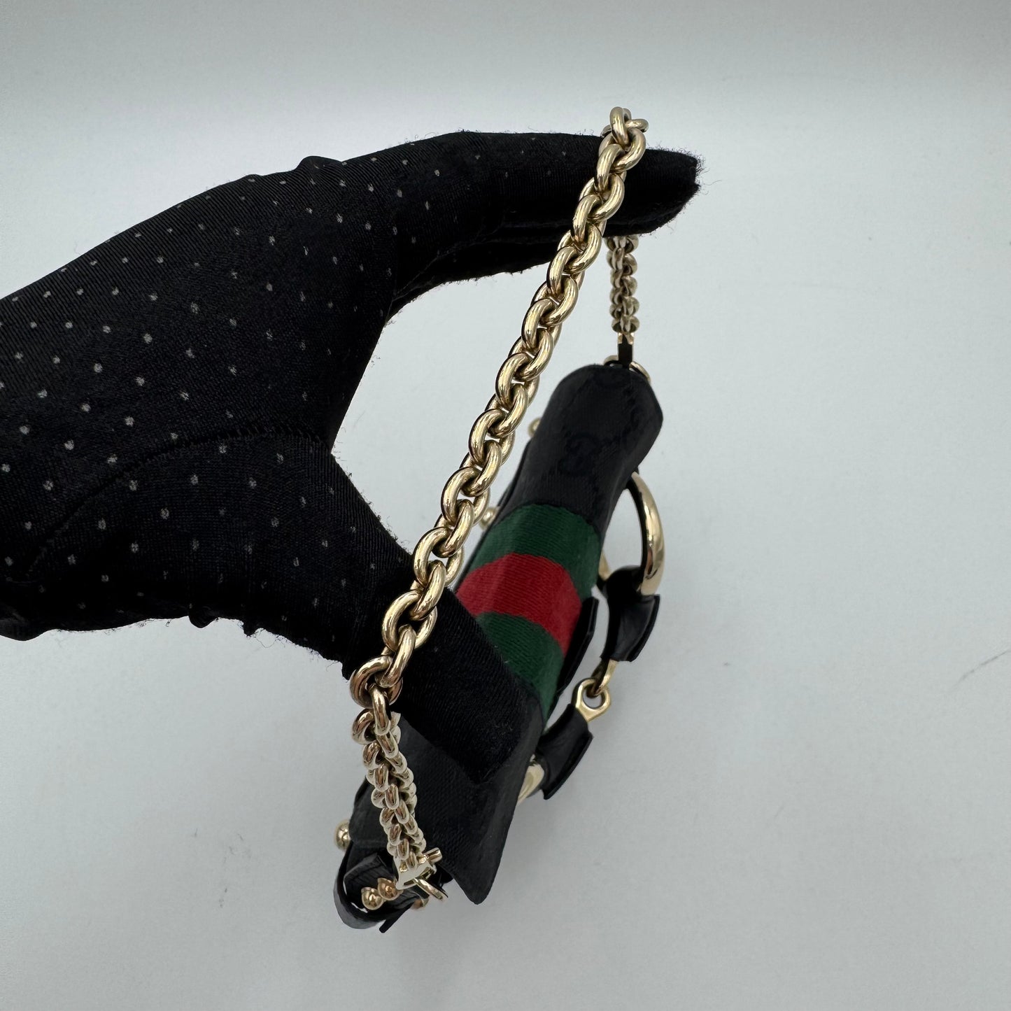 Gucci Tom Ford Black Monogram Canvas Sherryline Web Horsebit Chain Flap Mini Shoulder Bag