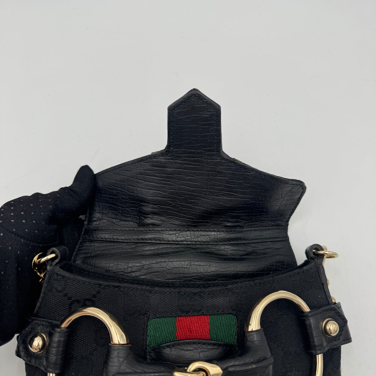 Gucci Tom Ford Black Monogram Canvas Sherryline Web Horsebit Chain Flap Mini Shoulder Bag