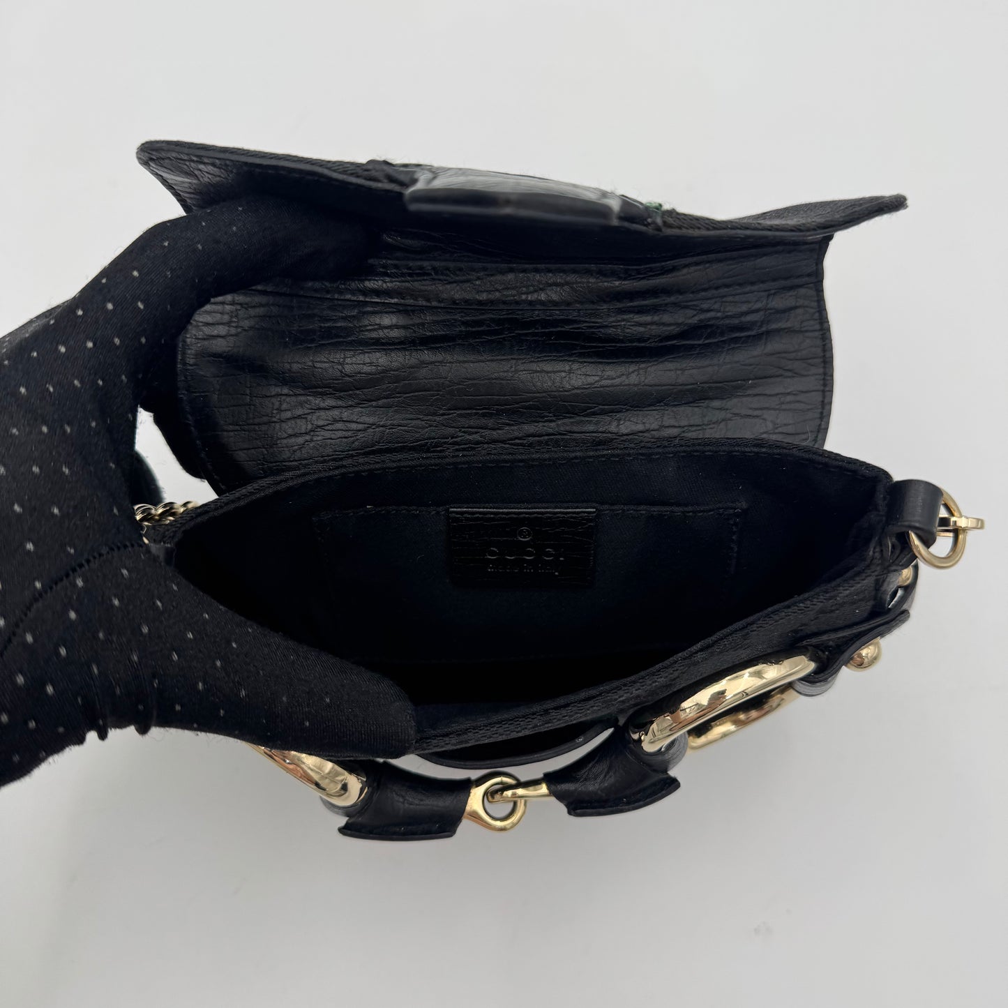 Gucci Tom Ford Black Monogram Canvas Sherryline Web Horsebit Chain Flap Mini Shoulder Bag