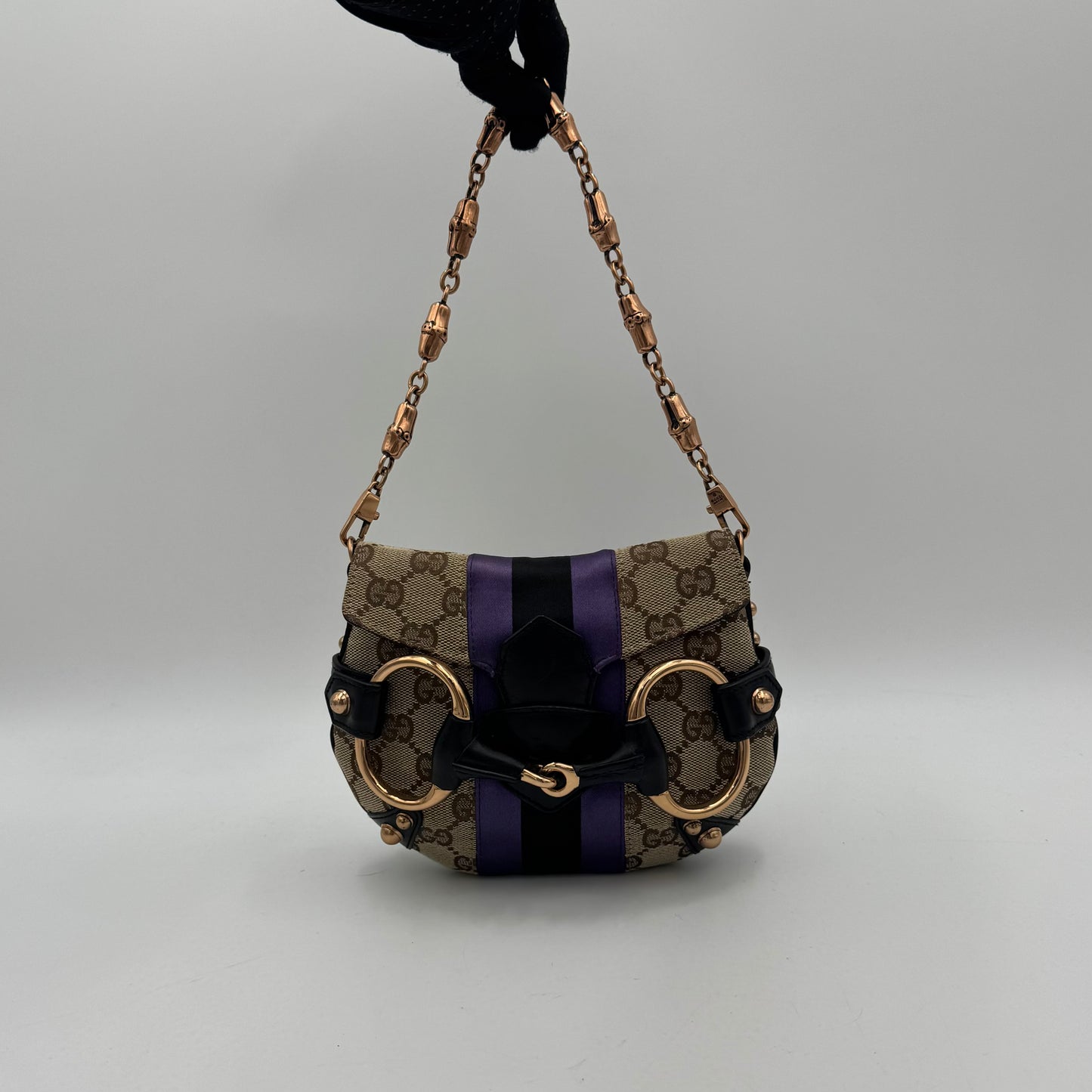 Gucci Tom Ford Monogram Canvas Purple Black Web Satin Horsebit Chain Flap Mini Shoulder Bag