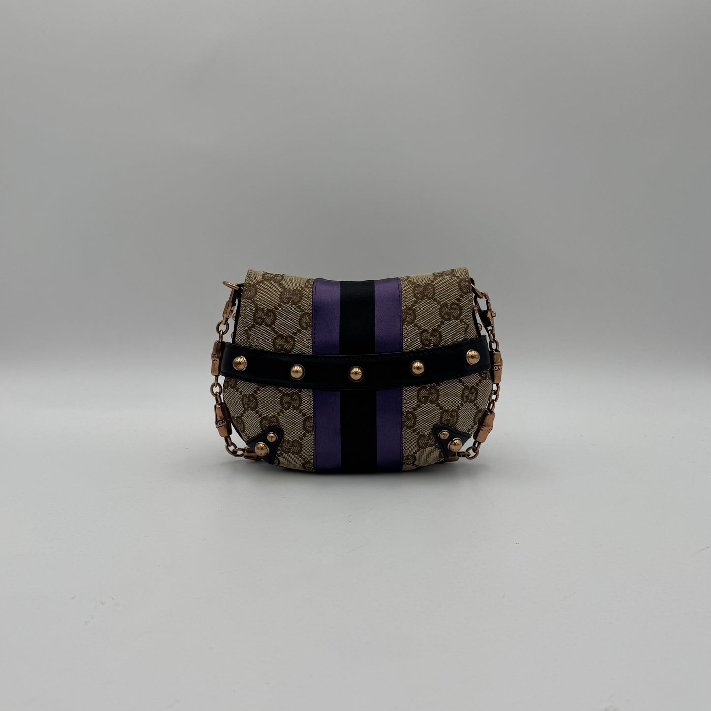 Gucci Tom Ford Monogram Canvas Purple Black Web Satin Horsebit Chain Flap Mini Shoulder Bag