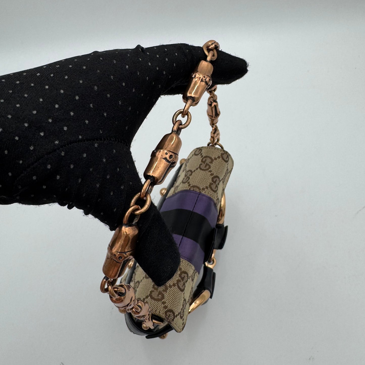 Gucci Tom Ford Monogram Canvas Purple Black Web Satin Horsebit Chain Flap Mini Shoulder Bag