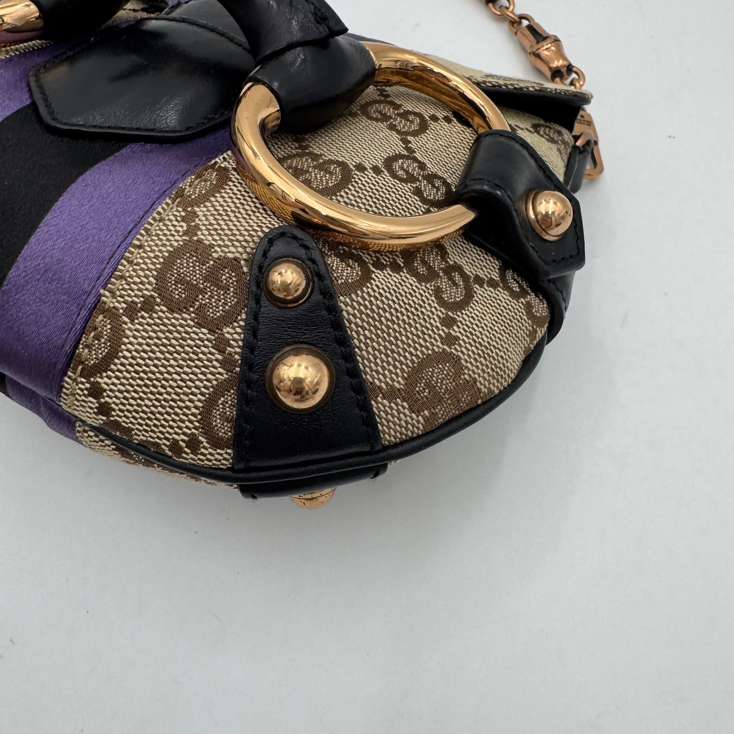 Gucci Tom Ford Monogram Canvas Purple Black Web Satin Horsebit Chain Flap Mini Shoulder Bag