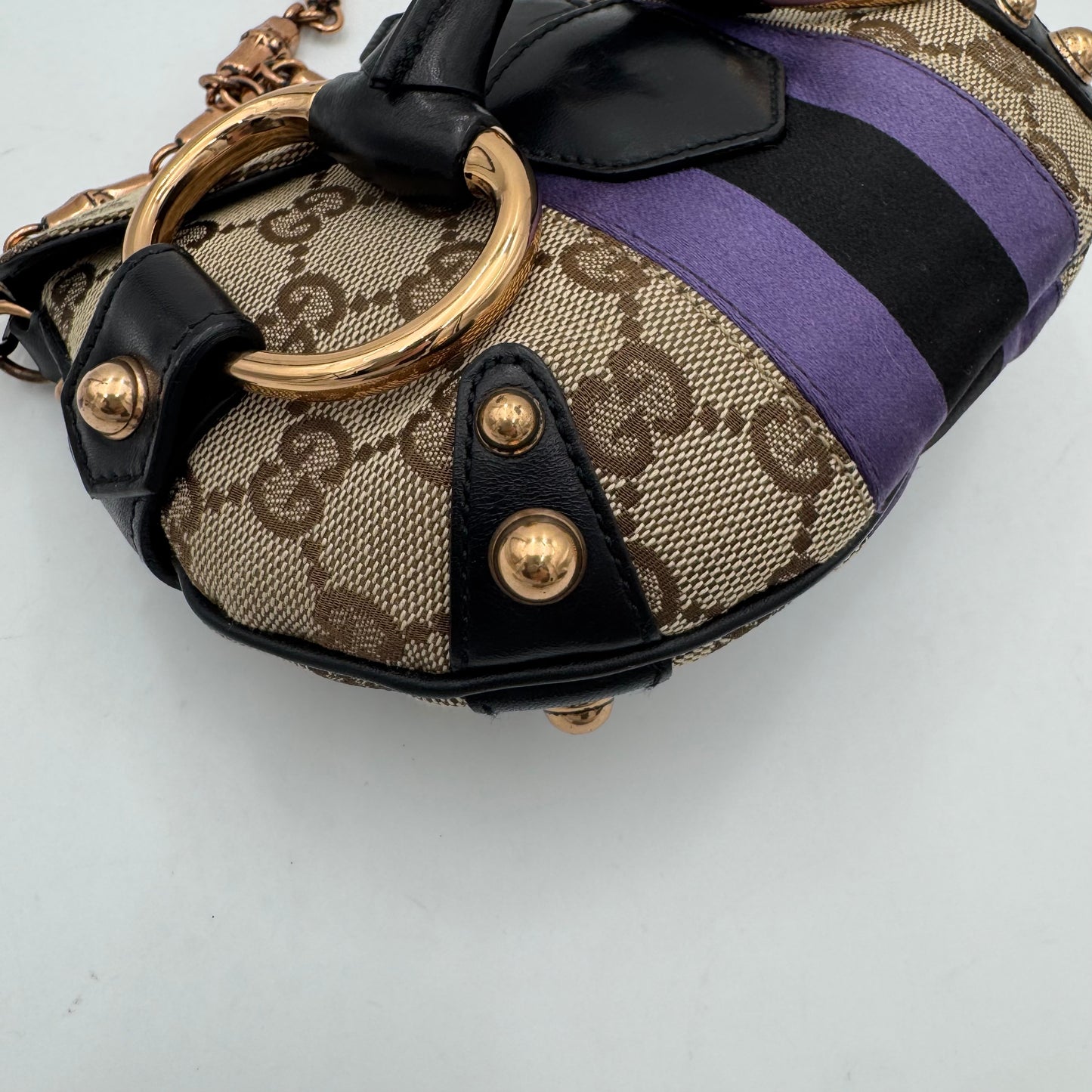 Gucci Tom Ford Monogram Canvas Purple Black Web Satin Horsebit Chain Flap Mini Shoulder Bag