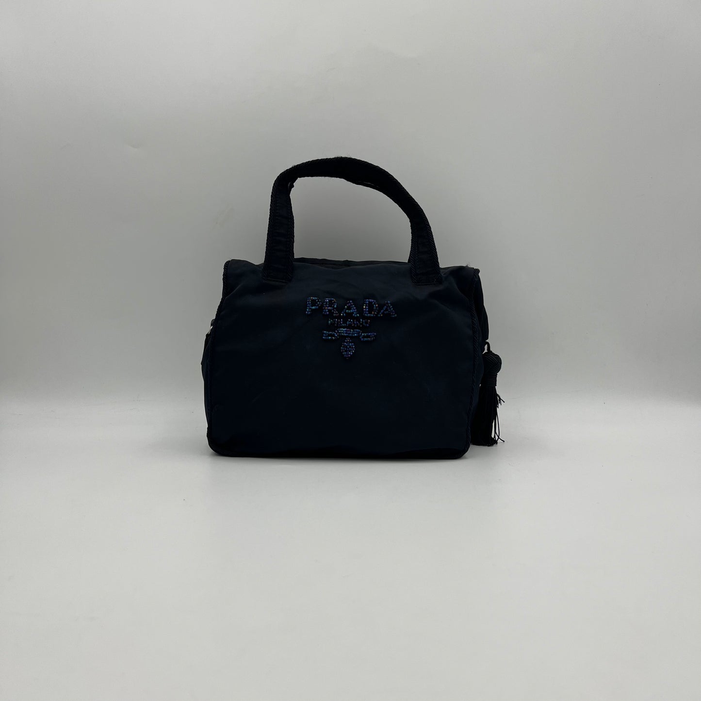 Prada Dark Blue Nylon Beaded Logo Tassel Small Handbag