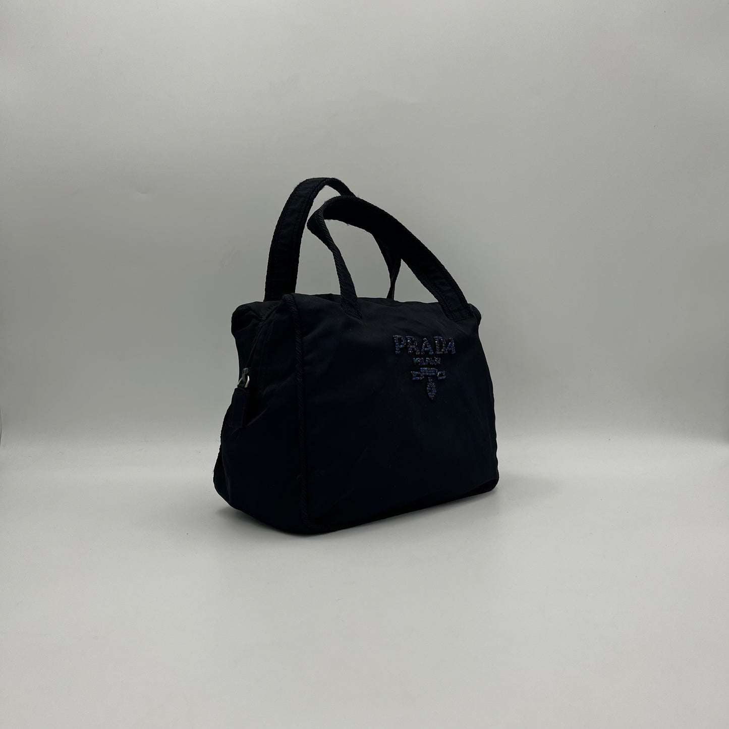 Prada Dark Blue Nylon Beaded Logo Tassel Small Handbag