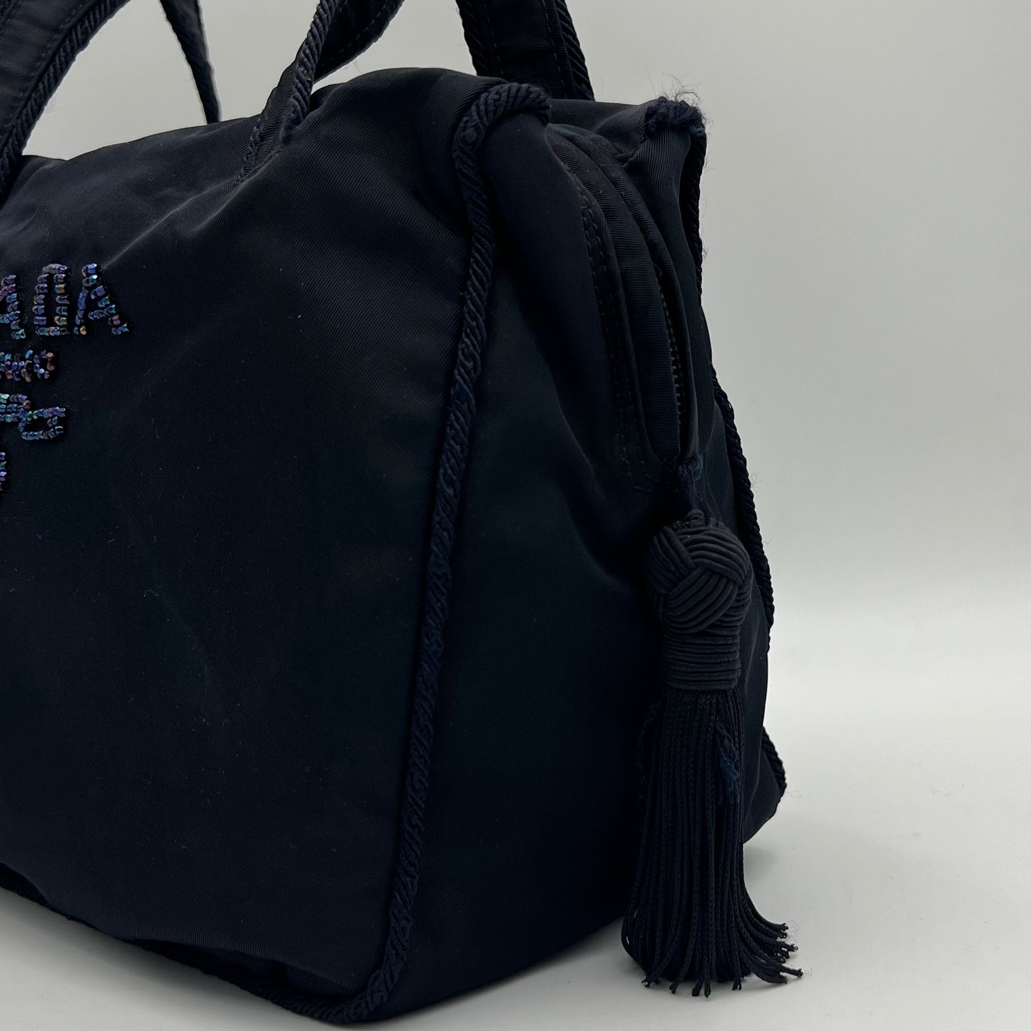 Prada Dark Blue Nylon Beaded Logo Tassel Small Handbag