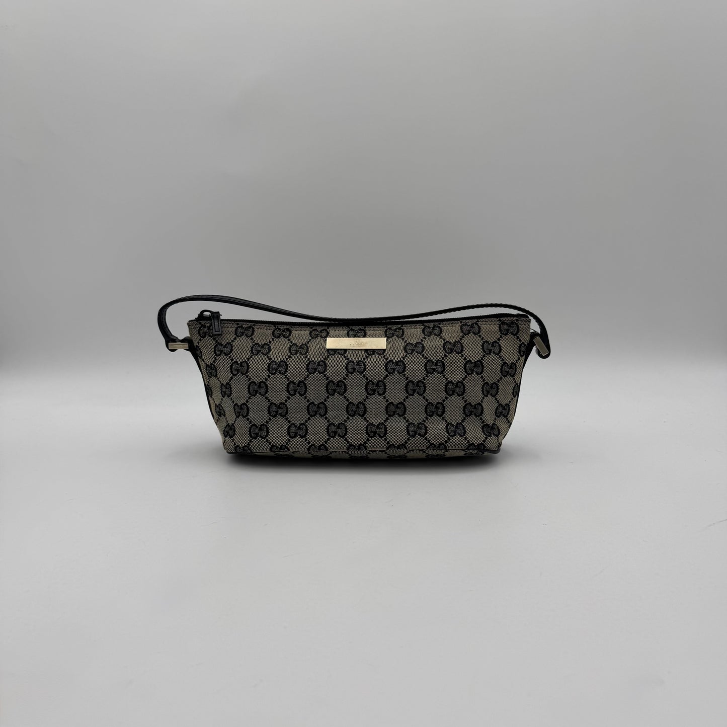 Gucci Gray Black Monogram Canvas Boat Pochette SHW