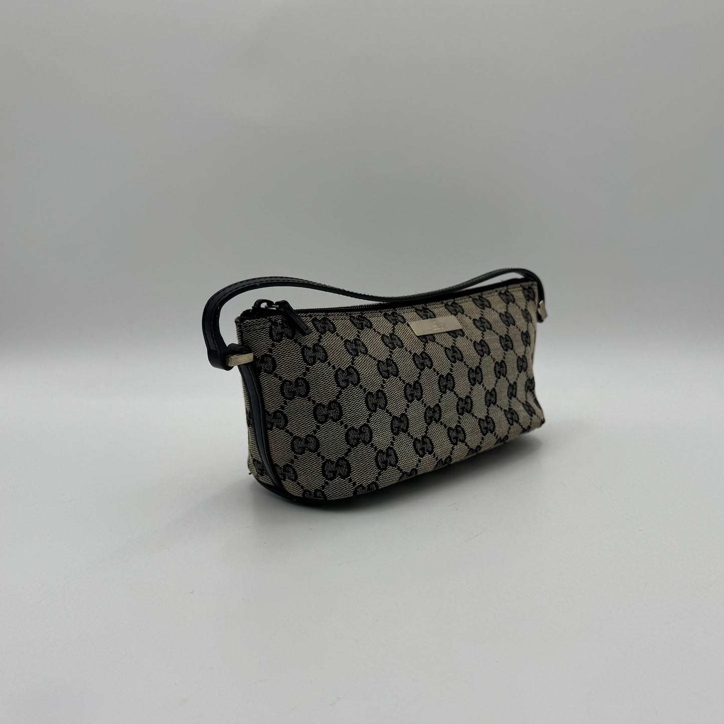 Gucci Gray Black Monogram Canvas Boat Pochette SHW