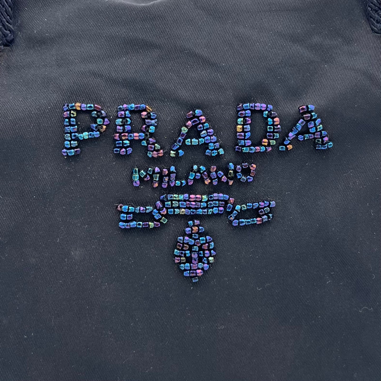 Prada Dark Blue Nylon Beaded Logo Tassel Small Handbag