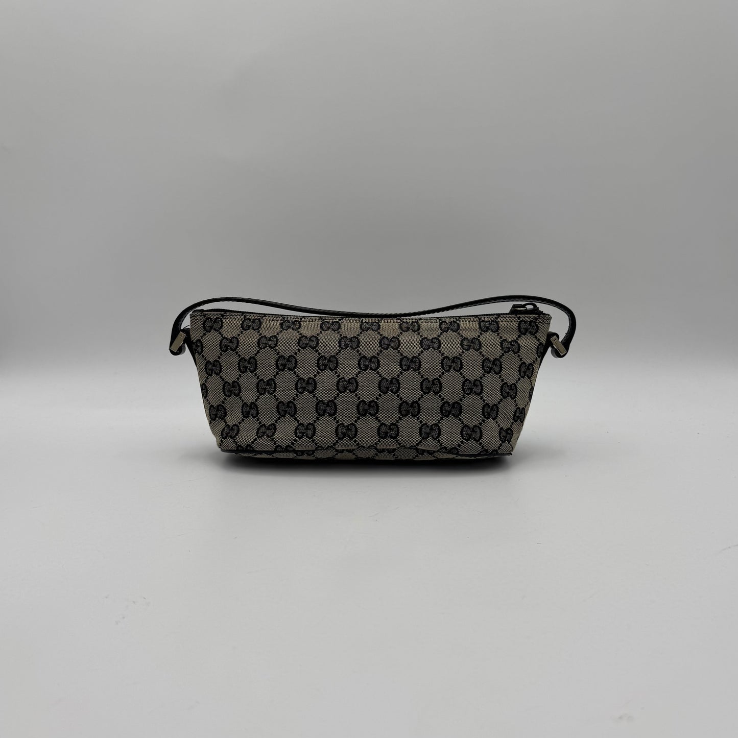 Gucci Gray Black Monogram Canvas Boat Pochette SHW