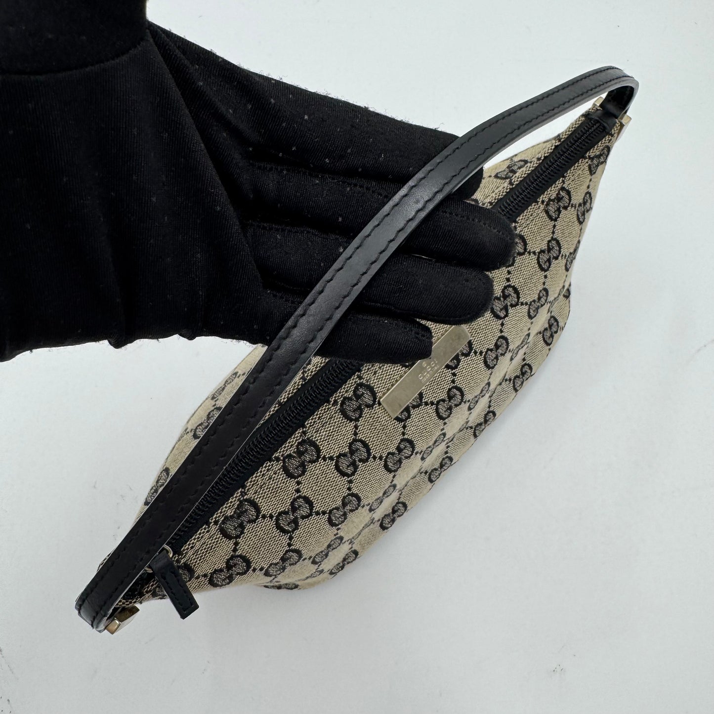 Gucci Gray Black Monogram Canvas Boat Pochette SHW