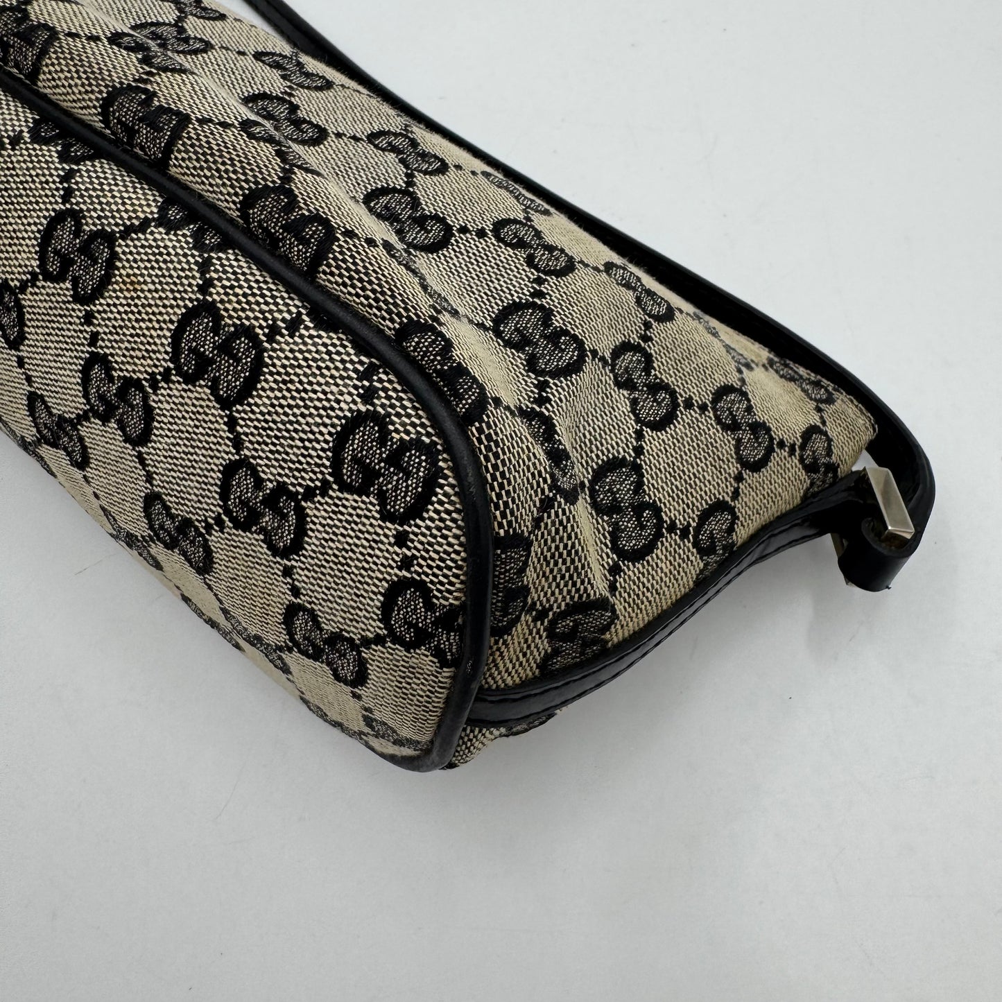 Gucci Gray Black Monogram Canvas Boat Pochette SHW