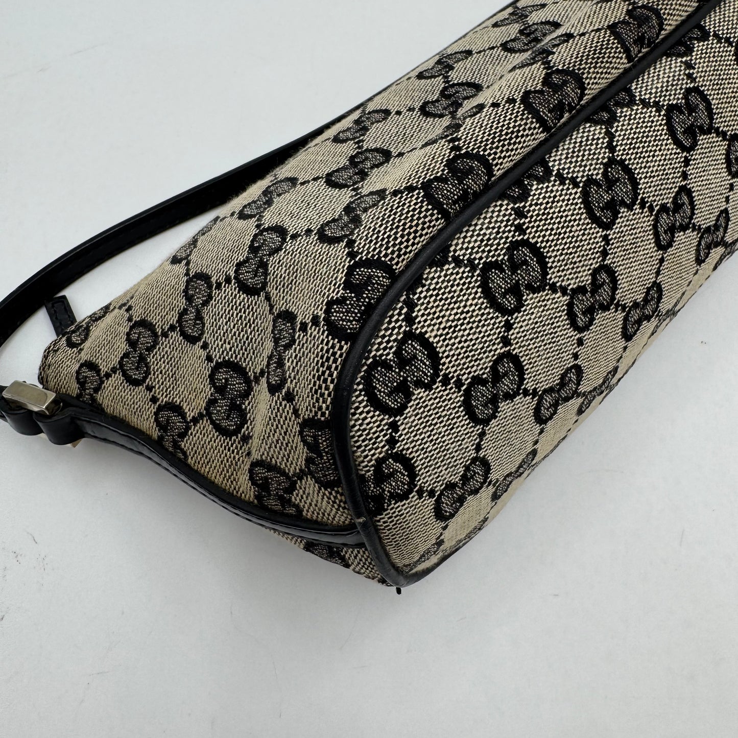 Gucci Gray Black Monogram Canvas Boat Pochette SHW