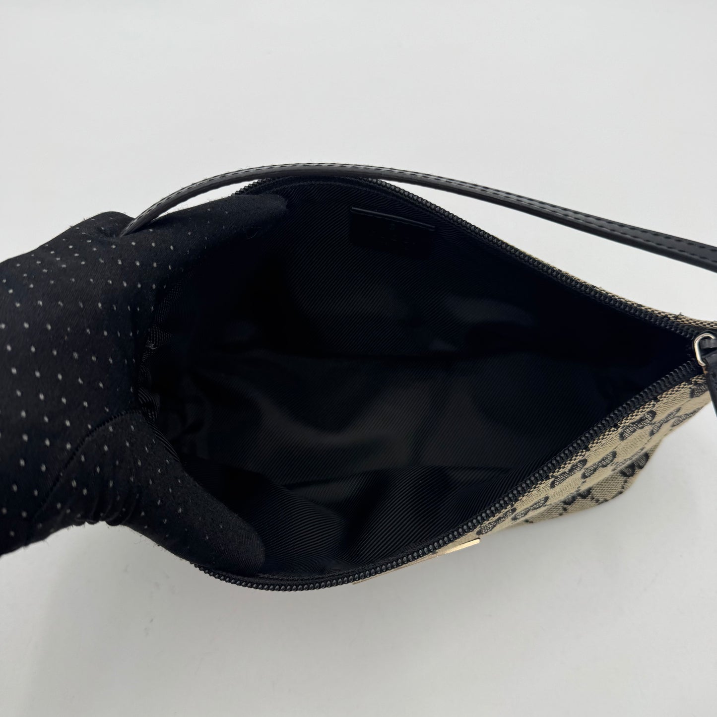 Gucci Gray Black Monogram Canvas Boat Pochette SHW
