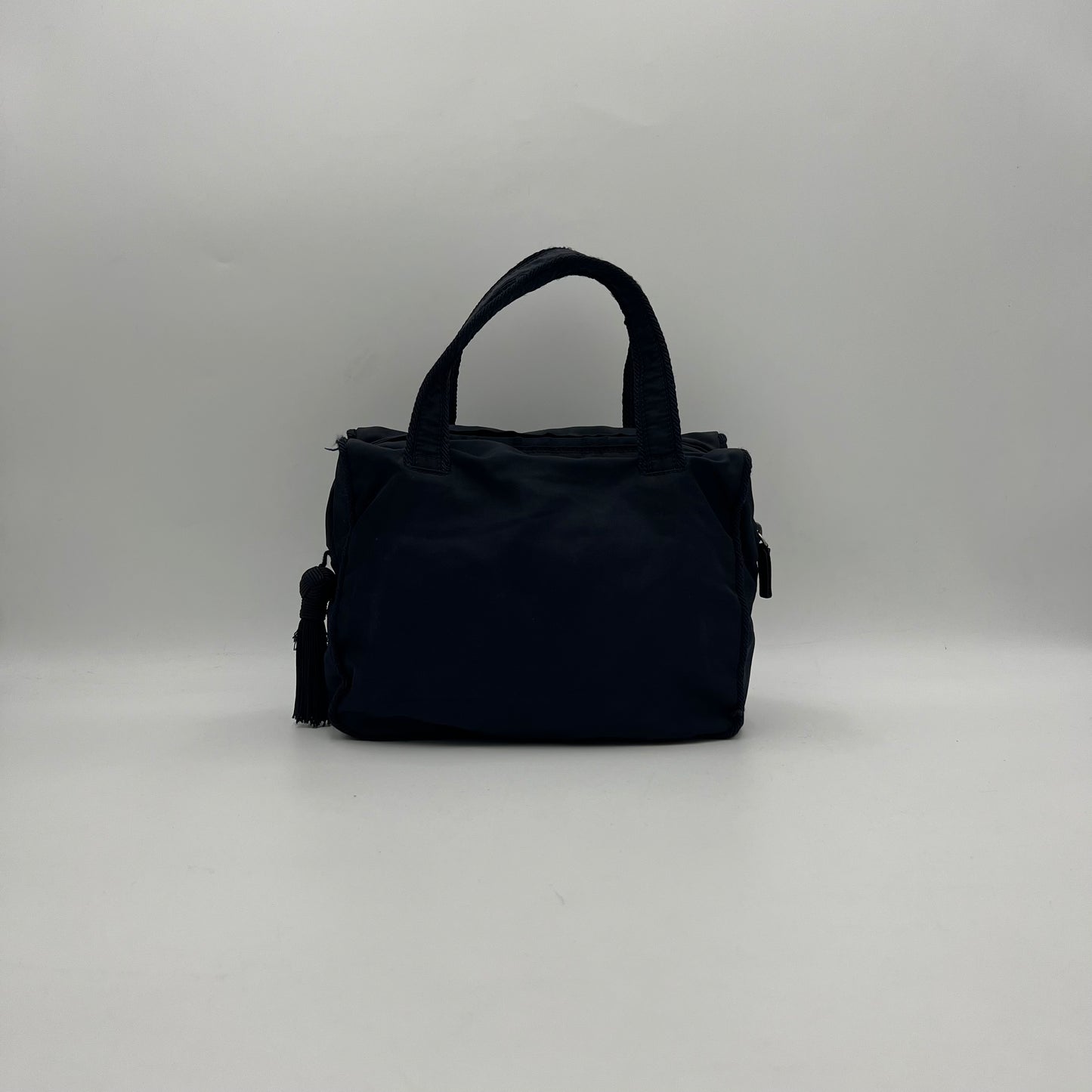 Prada Dark Blue Nylon Beaded Logo Tassel Small Handbag