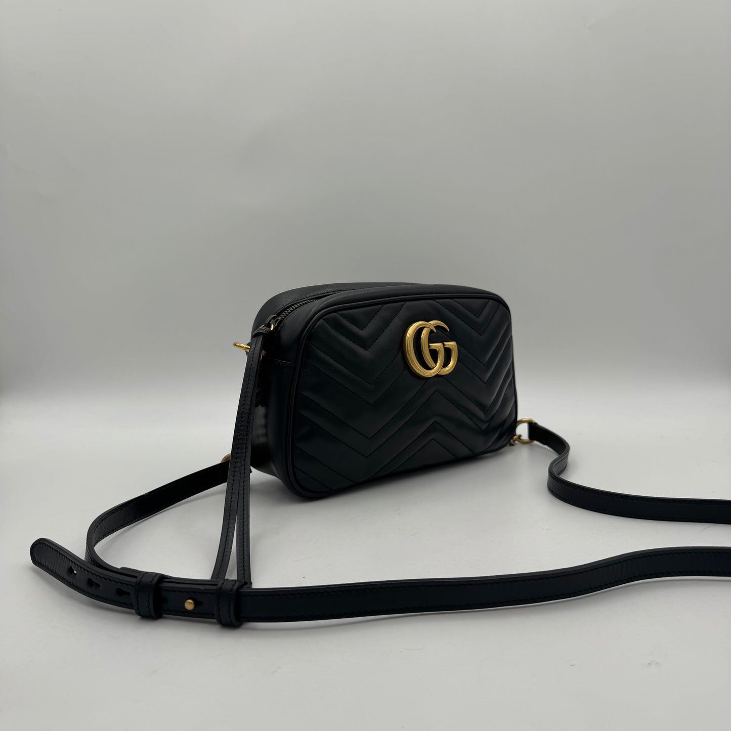 Gucci Black Quilted Leather Marmont Small Camera Bag GHW