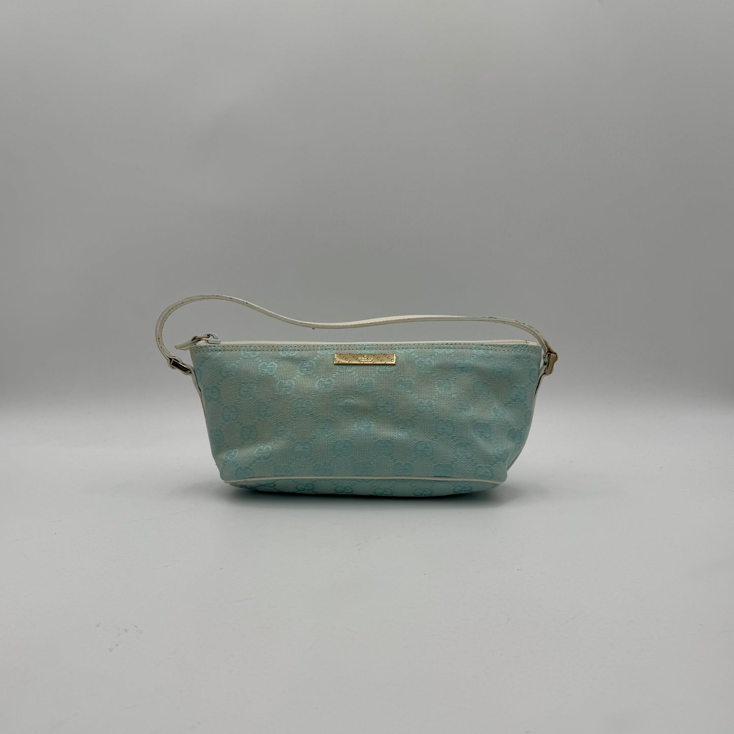 Gucci Light Blue Monogram Canvas and White Leather Boat Pochette