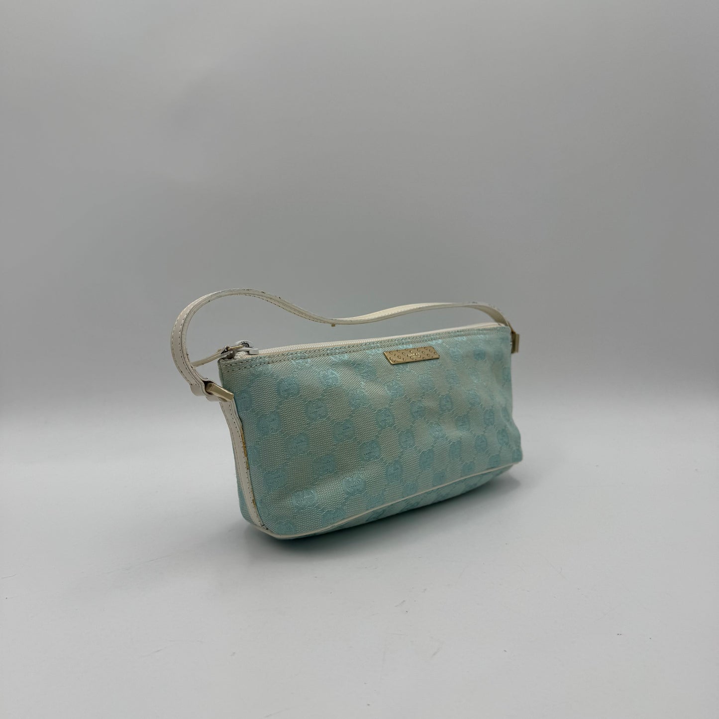 Gucci Light Blue Monogram Canvas and White Leather Boat Pochette