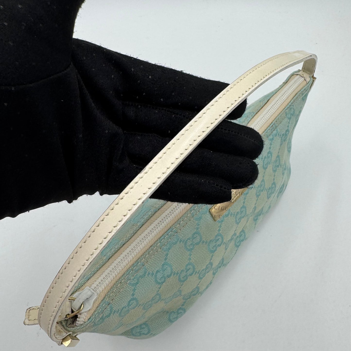 Gucci Light Blue Monogram Canvas and White Leather Boat Pochette