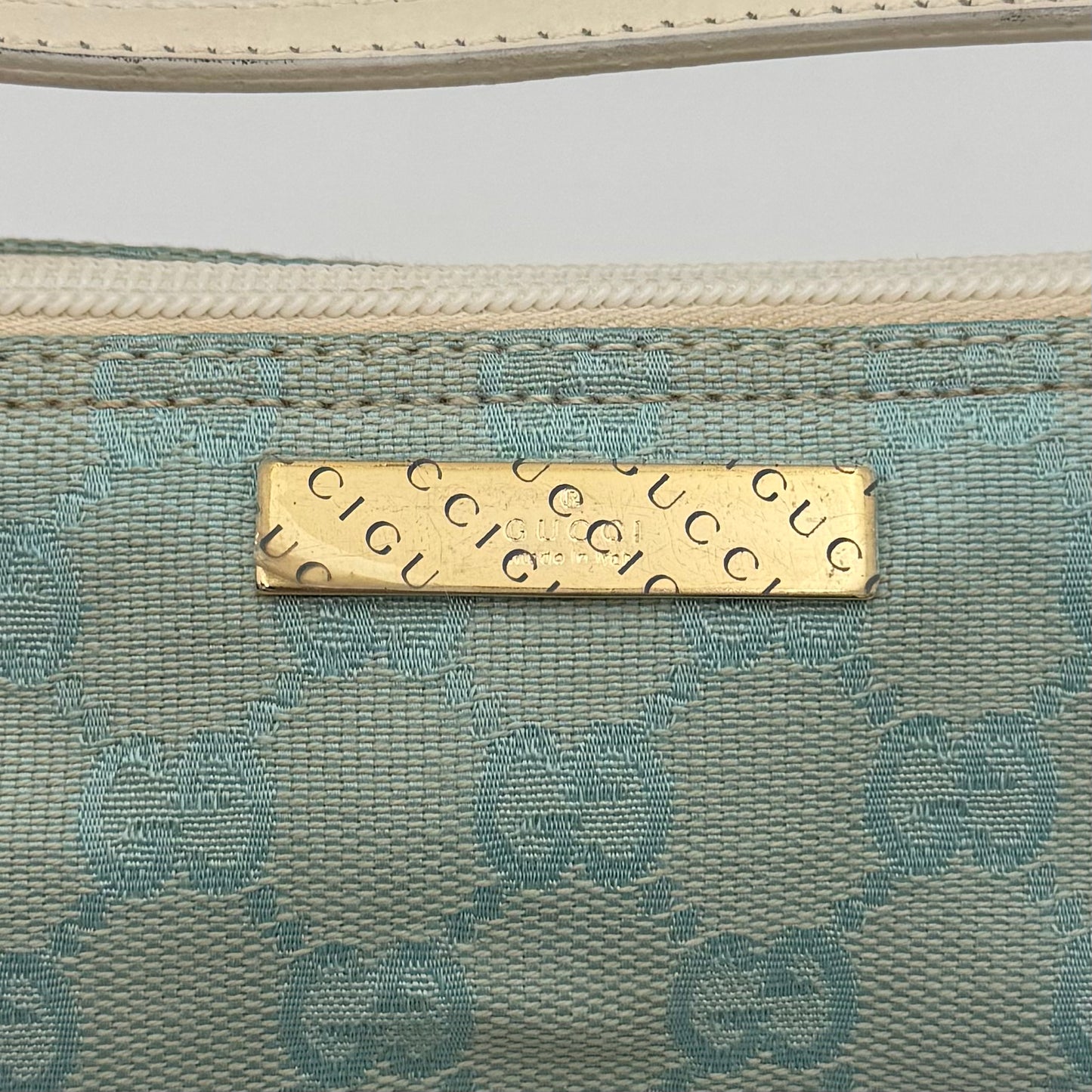 Gucci Light Blue Monogram Canvas and White Leather Boat Pochette