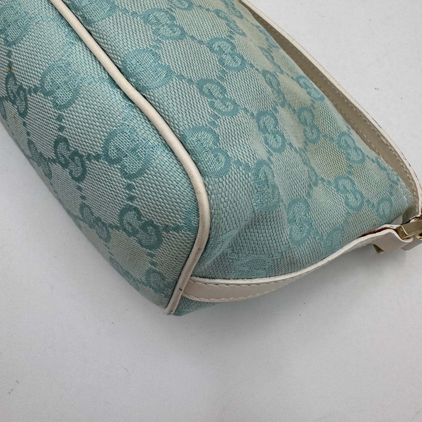 Gucci Light Blue Monogram Canvas and White Leather Boat Pochette