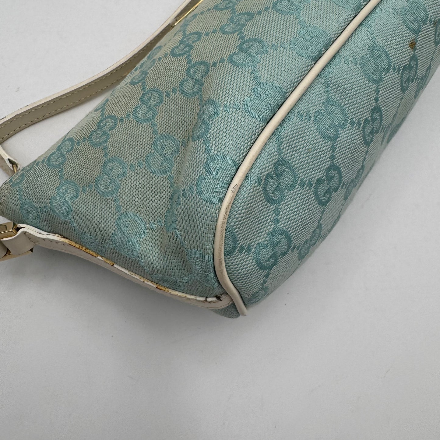 Gucci Light Blue Monogram Canvas and White Leather Boat Pochette