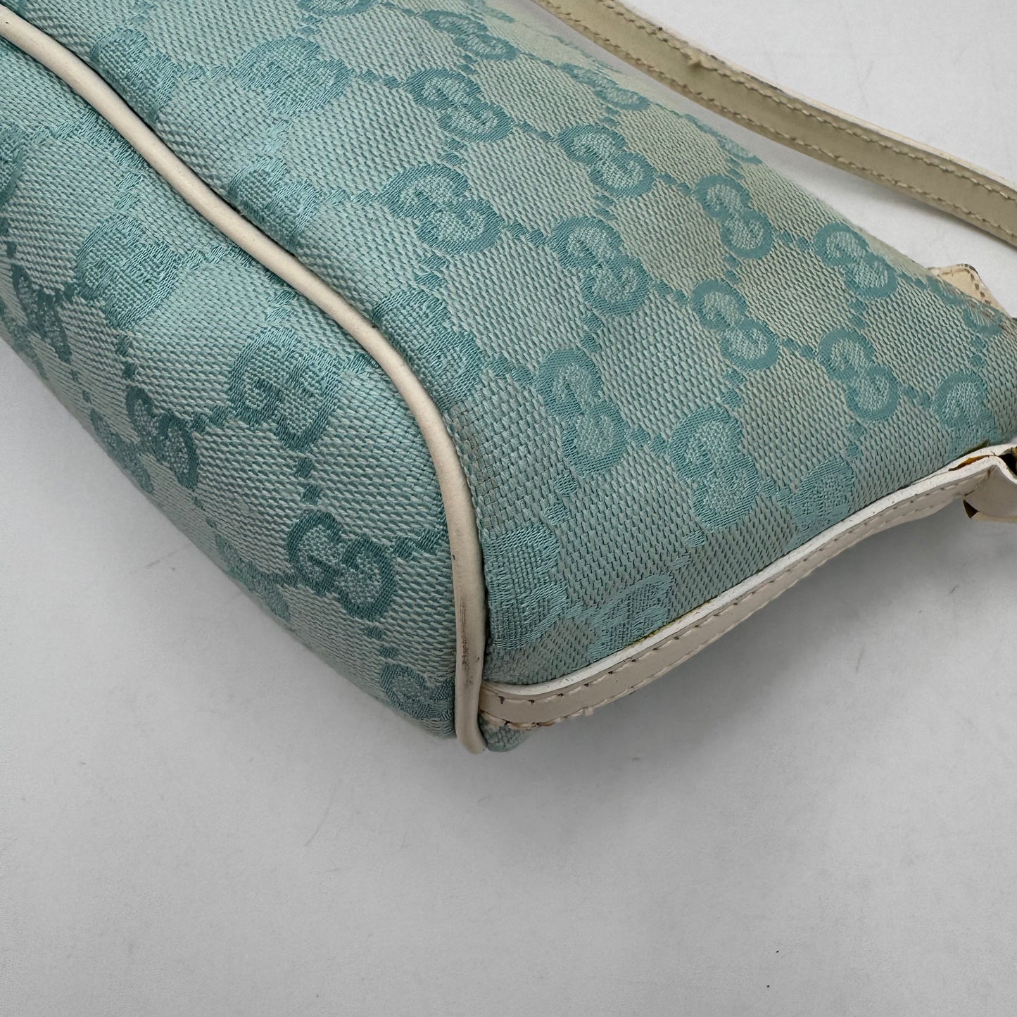 Gucci Light Blue Monogram Canvas and White Leather Boat Pochette