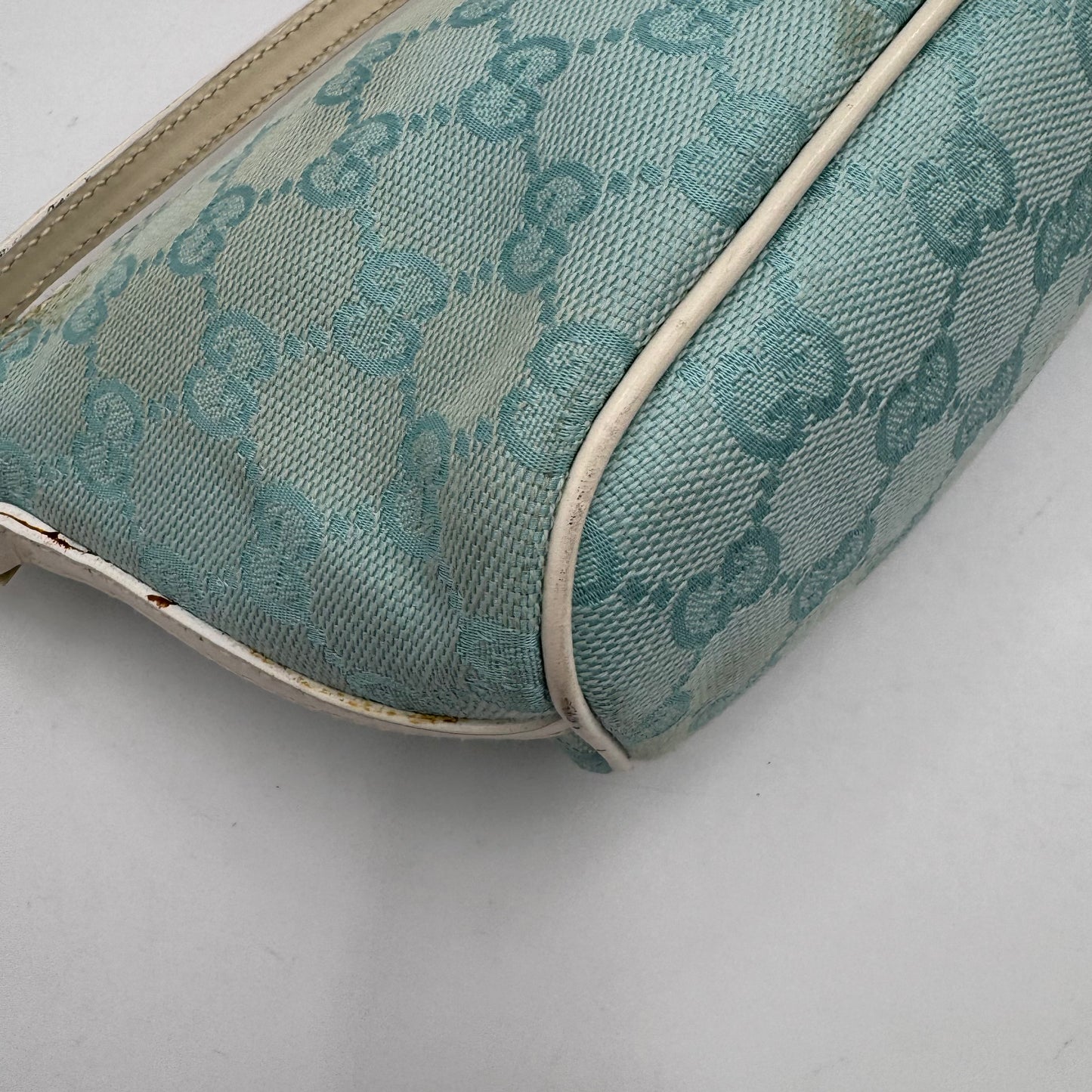Gucci Light Blue Monogram Canvas and White Leather Boat Pochette