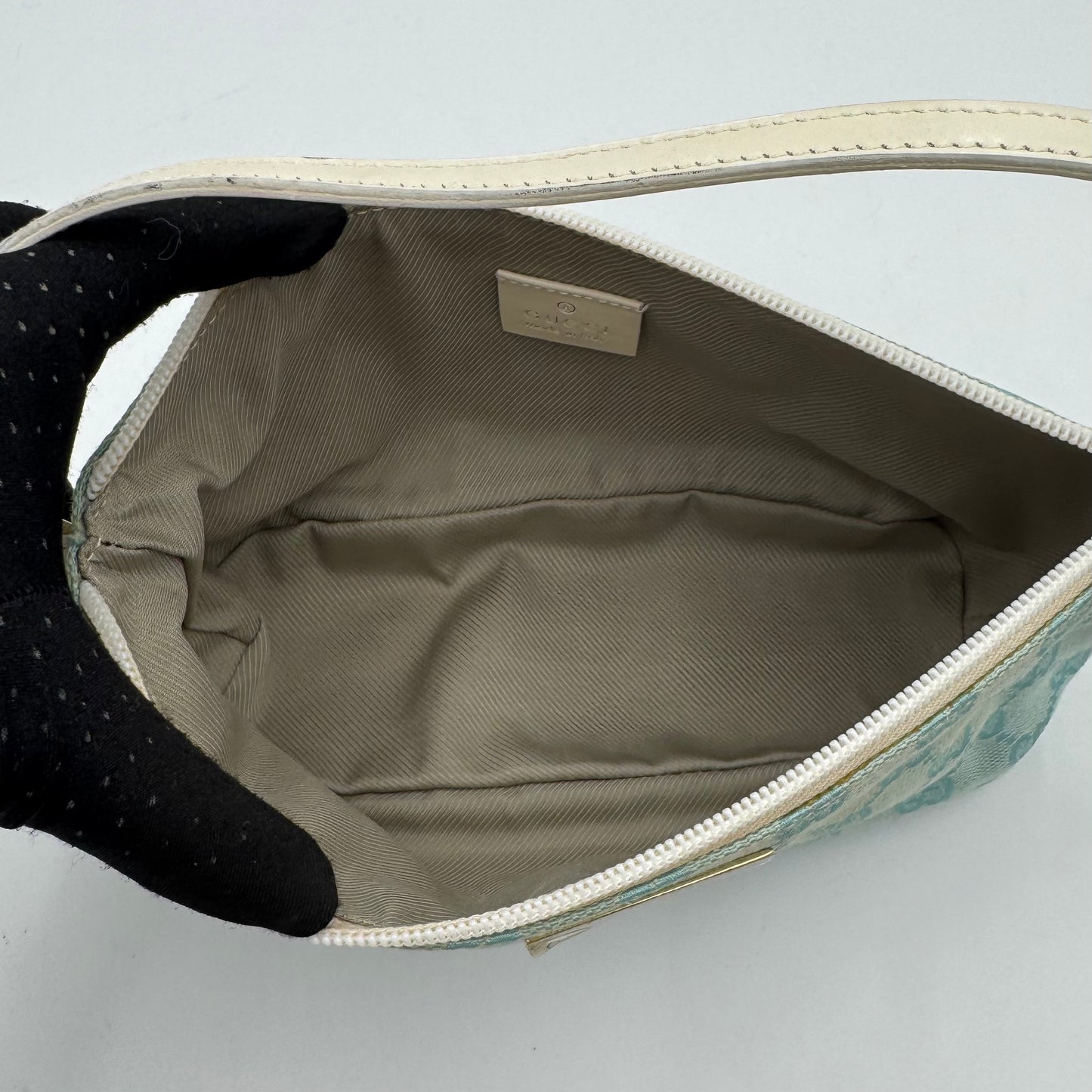 Gucci Light Blue Monogram Canvas and White Leather Boat Pochette