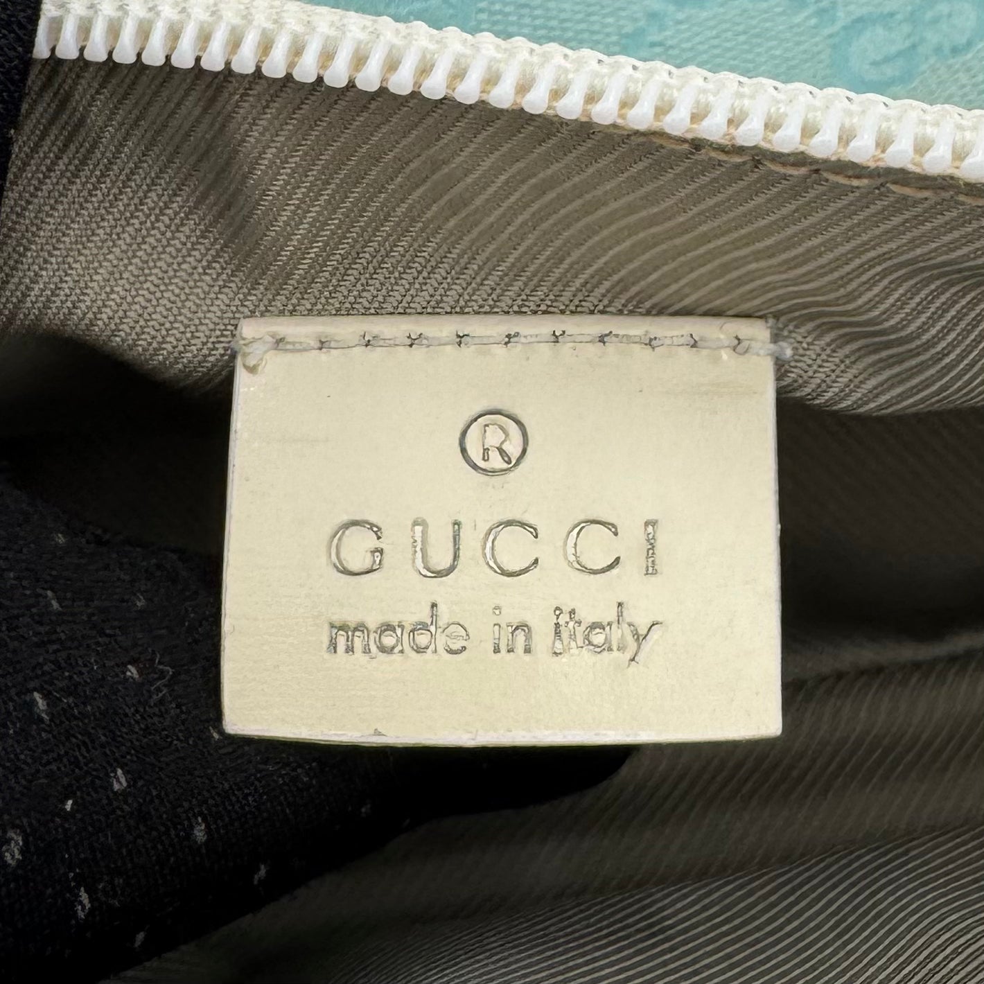 Gucci Light Blue Monogram Canvas and White Leather Boat Pochette