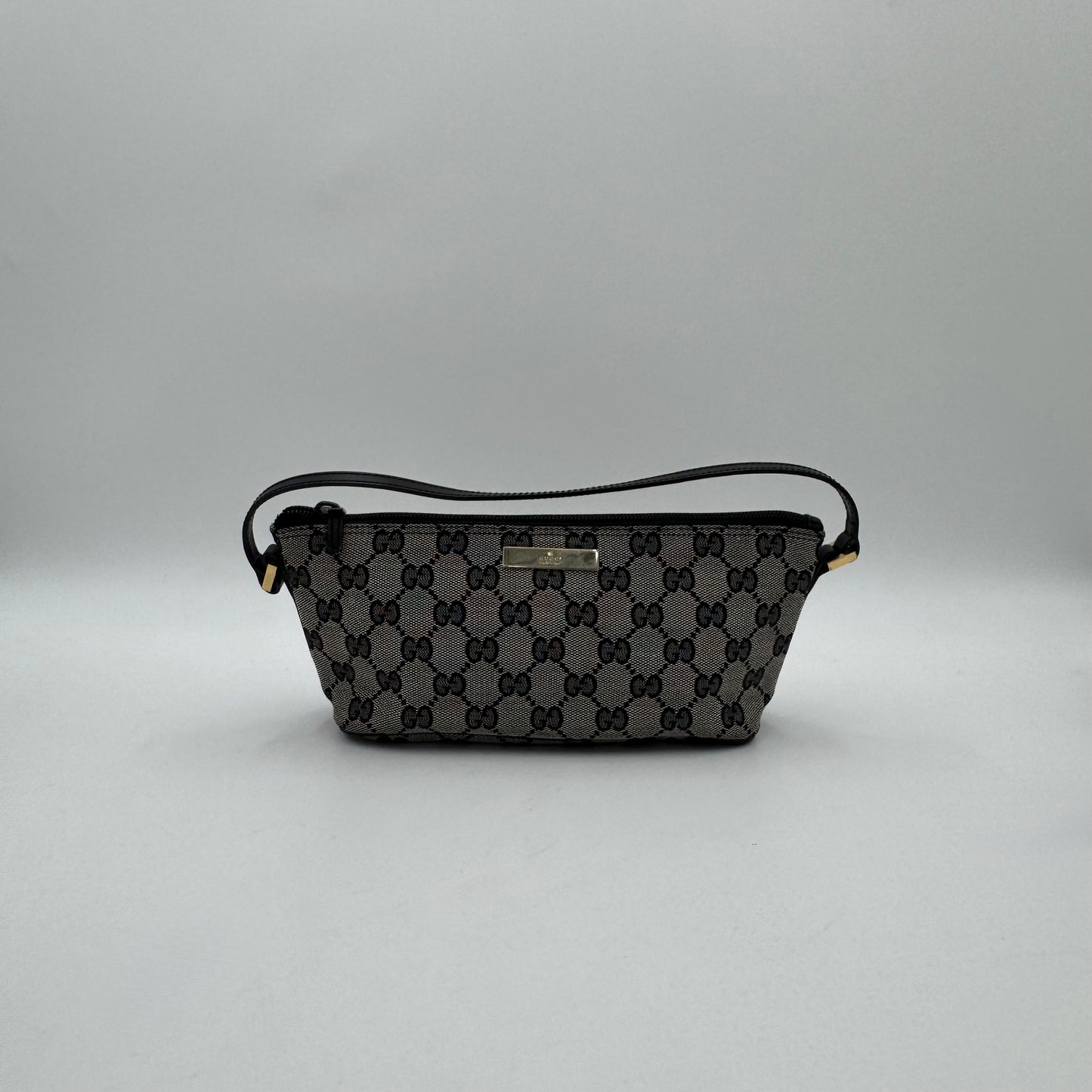 Gucci Gray Black Monogram Canvas Boat Pochette GHW