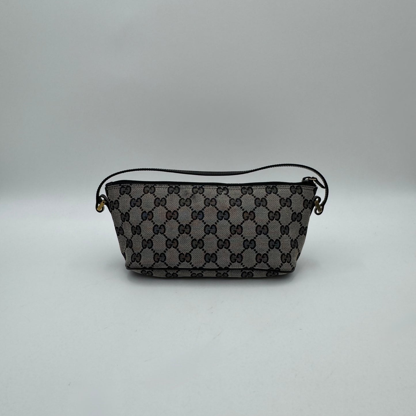 Gucci Gray Black Monogram Canvas Boat Pochette GHW