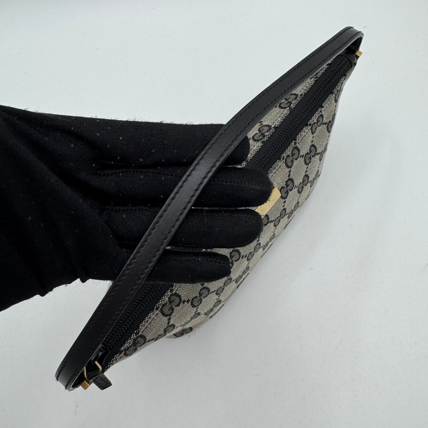 Gucci Gray Black Monogram Canvas Boat Pochette GHW