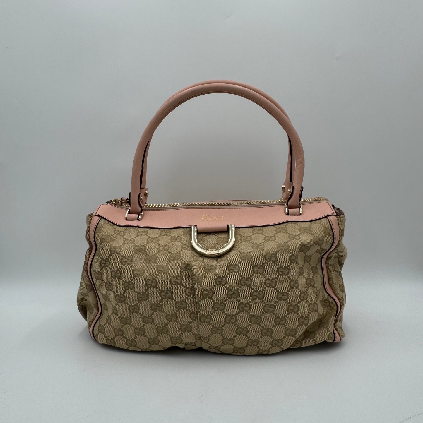 Gucci Beige Monogram Canvas Light Pink Leather Abbey D-Ring Tote Shoulder Bag